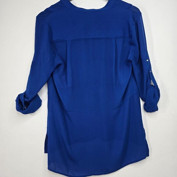 Express Royal Blue Flowy Roll Tab Henley Long Sleeve Top - Picture 4 of 8